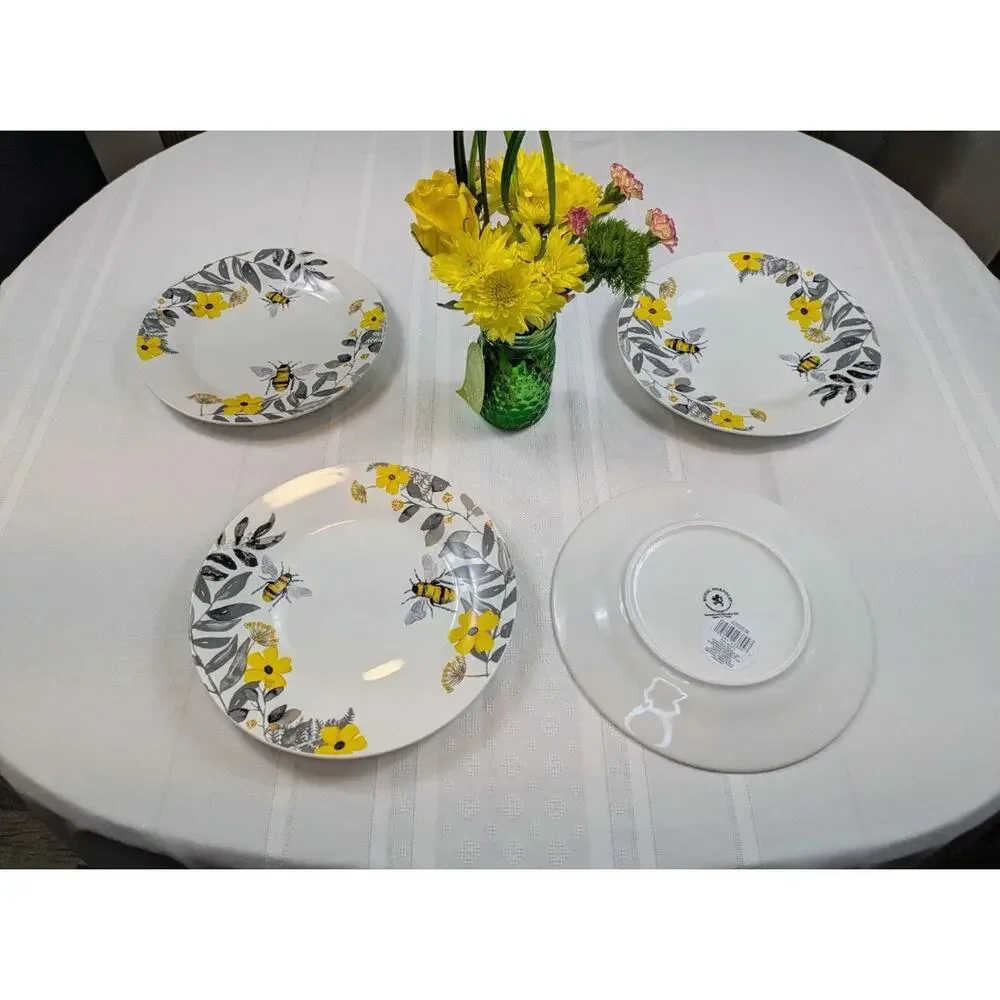 4 + Set Royal Norfolk Ceramic Bee Dinner Plates Floral Yellow White Spring 10.5